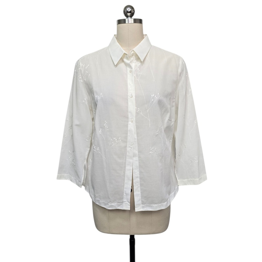 Akris Womens‎ White Embroidered Floral Cotton Button Down Shirt Blouse Size 12